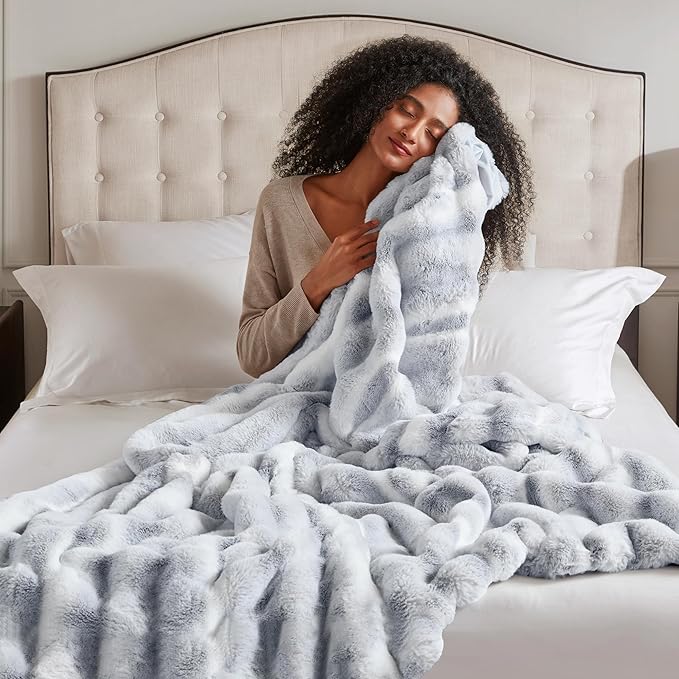 Hyde Lane Luxury Fluffy Faux Rabbit Fur Throw Blanket - Ultra Soft Cozy Blankets for Sofa, Couch, Bedroom | Warm Thick Fuzzy Throws As a Gift, Snow Lynx, 60"x80"