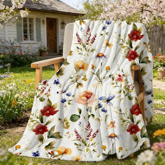yuboo Floral Throw Blanket - Spring Colorful Flower Blanket, Soft Lightweight Fluffy Blanket for Sofa,Couch,Bed, Vintage French Country Throw Home Decor, 50 x 60 Inch