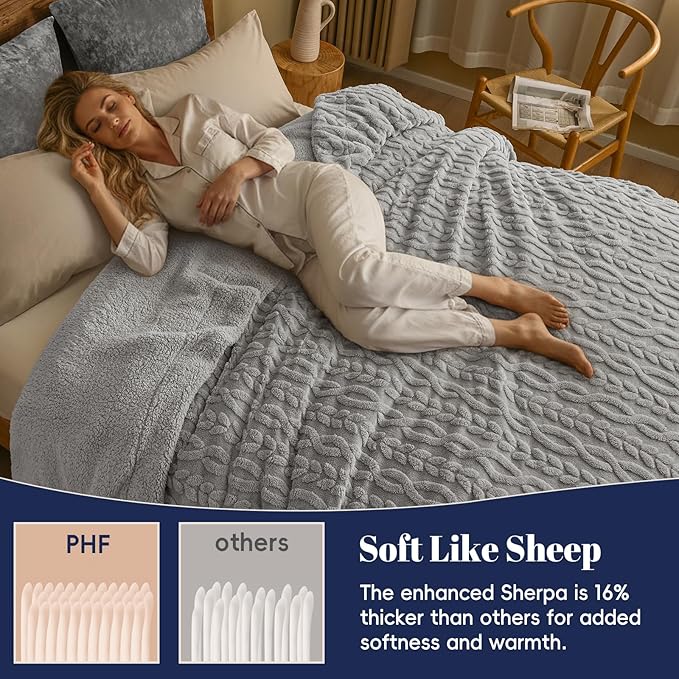 PHF Ultra Soft Sherpa Fleece Blanket Queen Size 90" x 90", 510GSM Fleece Lightweight Yet Warm Blanket for Winter Bed, No Shedding, No Pilling, Tufted Jacquard for Luxury Home Decor, Grey