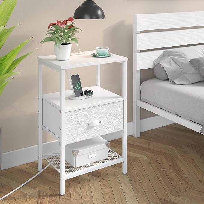 Nightstands Set of 2, Night Stands with Charging Station and Fabric Drawer PU Finish, Bedside Tables with Drawers, 2-Tier Side Table with Open Shelf, Nightstands with Charging Station,White