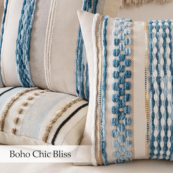 ANRODUO Pack of 2 Boho Decorative Throw Pillow Covers 22x22 Farmhouse Cushion Case Striped Chenille Pillow Cases Square Pillow Covers Accent Neutral Pillowcase for Sofa Couch Bed, Light Blue Stripe