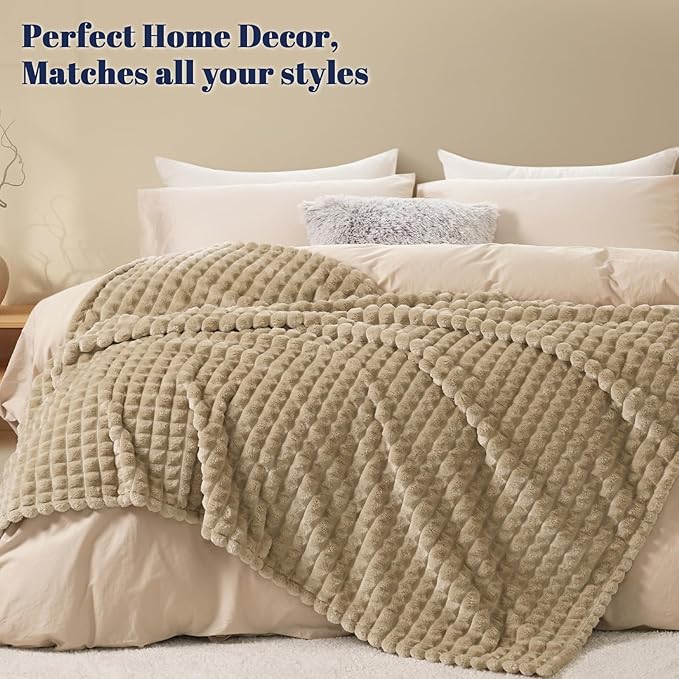 PHF Luxury Soft Fleece Throw XL Blanket, No Shed No Pilling, 380GSM Fluffy Cozy Throw Blankets for Couch Sofa, 50"x70", Lightweight Warm Bedding for Home Decor, Ideal Gift for Women, Khaki