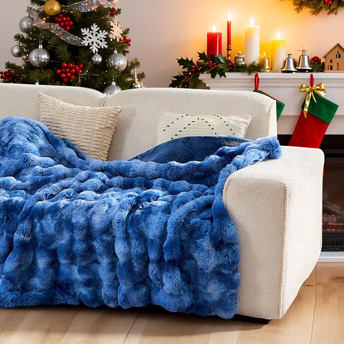 Lotus Karen Faux Fur Throw Blanket Tie-Dye Blue - Big Bubble Rabbit Fluff Blanket for Couch, Large Fluffy Fuzzy Cozy Blanket,Thick Furry Plush Shaggy Blankets,90x90 Inches