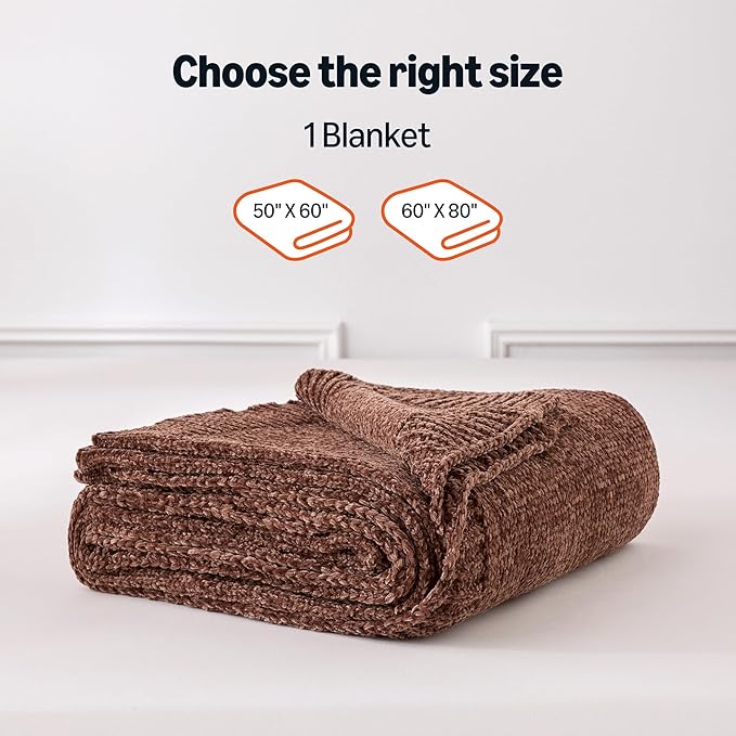 Amazon Basics Chunky Chenille Knit Microfiber Throw Blanket for Couch, Bed and Sofa, Soft and Warm Lightweight Jersey, 50"×60", Brown