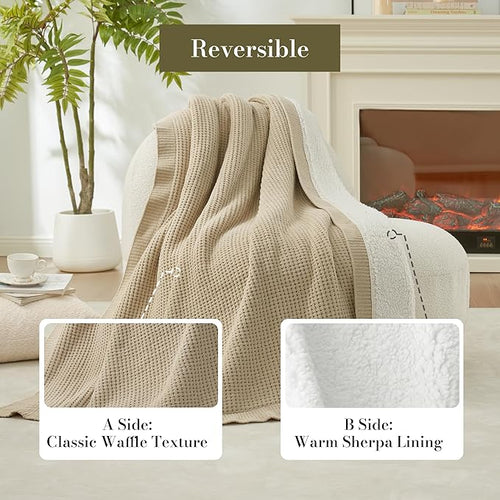 Amélie Home Reversible Waffle Weave Throw Blanket, Chenille Knit with Warm Sherpa, Soft Cozy Blanket for Couch, 50"x60", Beige