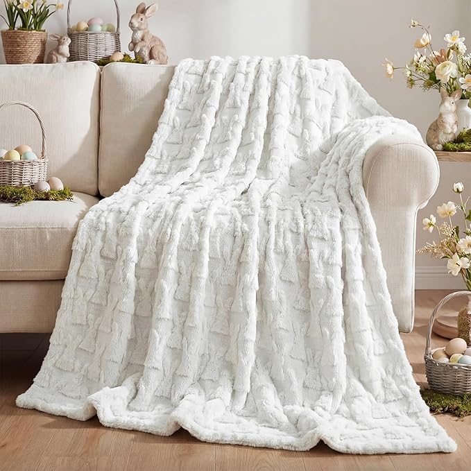 Horaldaily Easter Solid Blanket Throw, White Rabbits Soft Fuzzy Plush Faux Fur Cozy Blankets for Couch Sofa Bed Lounging, Ideal Gifts for Kids Adults Wife Self, 60x80