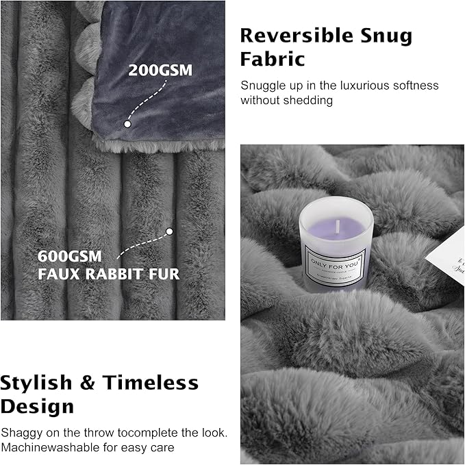 Faux Fur Twin Blanket for Couch,Cozy Soft Plush Thick Striped Luxury Blanket for Sofa Living Room Bedroom,60 * 80 Inches, Grey