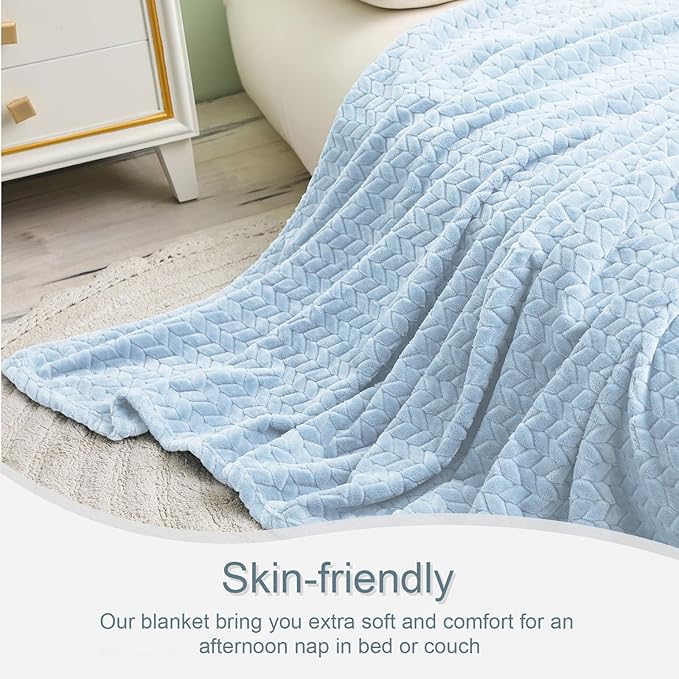Exclusivo Mezcla Fleece Throw Blanket for Couch and Bed, 50x70 Inches Soft Cozy Jacquard Flannel Blankets, Lightweight Fuzzy Plush Warm Throws for Women, Light Blue