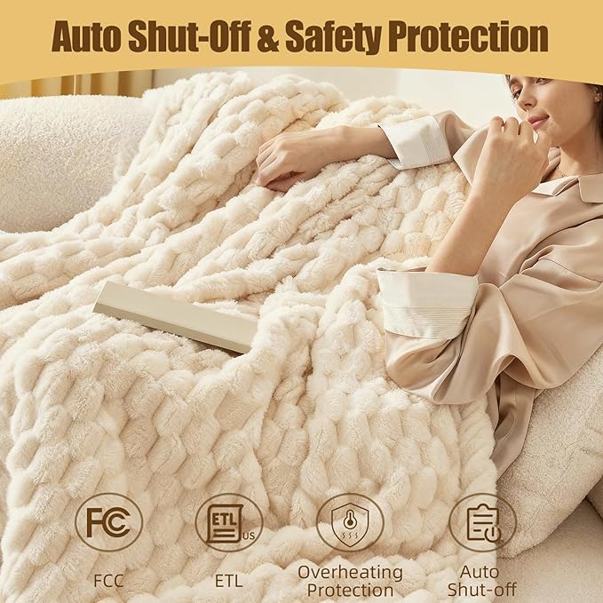 Heated Blanket Electric Blanket Heating, Dual Control Soft Ribbed Faux Fur Electric Blanket with 12 Heat Levels 12H Timer ETL FCC Certified Machine Washable (White, King | 90" x 100")