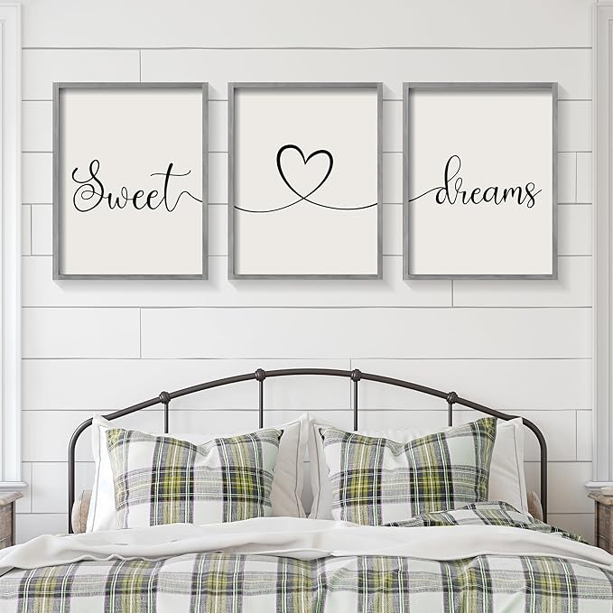 Ronasip Sweet Dreams Wall Decor for Bedroom Set of 3 Framed Wall Art for Farmhouse Rustic Home Master Bedroom Decor (11”x14”, Gray)