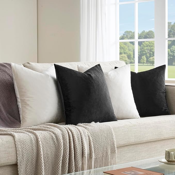 GIGIZAZA Decorative Velvet Pillow Covers - 20x20 Throw Pillows Soft Black Beige Covers Accent for Couch Living Room Bed Square Modern Luxury Cushion Covers Home Decor Set of 4