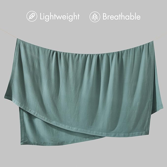 Madison Park 100% Egyptian Cotton Lightweight Summer Blanket, Breathable Waffle Knit Design, Soft Cozy All-Season Throw for Bed, Couch or Sofa, Teal Full/Queen Size (90"x90")