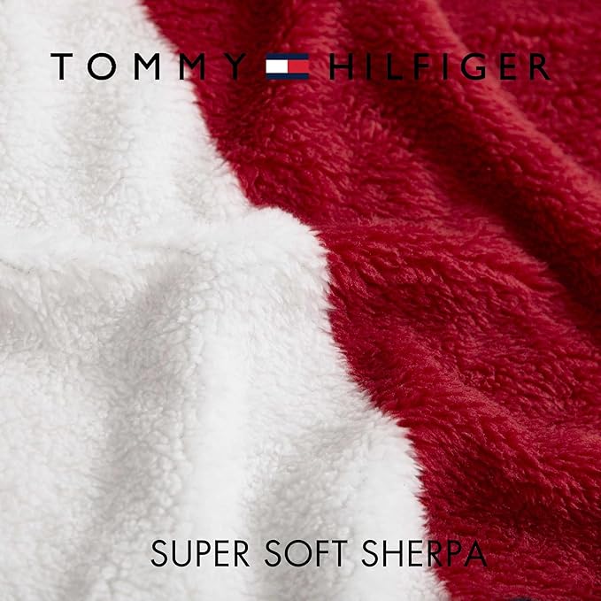 Tommy Hilfiger - Blanket, Ultra-Soft Baby Sherpa Throw Blanket for Bed or Couch, Medium Weight Blanket with Tailored Hem for Year Round Comfort (Iconic Flag Blue, 50" x 70")