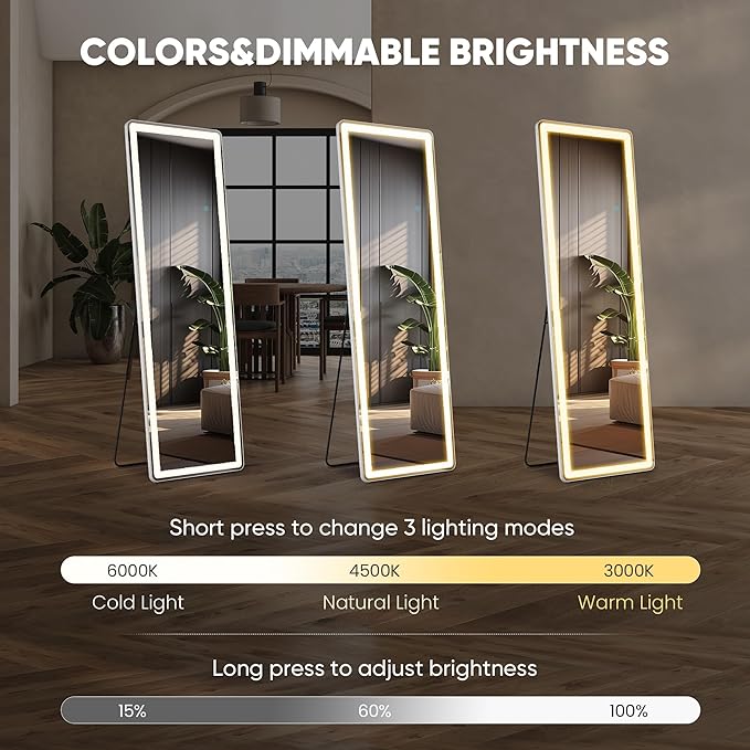 DUMOS LED Mirror Full Length with Stand, 16"×60" Full Body Wall Mirror with LED Lights 3 Color Lighting, Hanging or Leaning, Floor Standing, Modern Simple Home Wall Decor