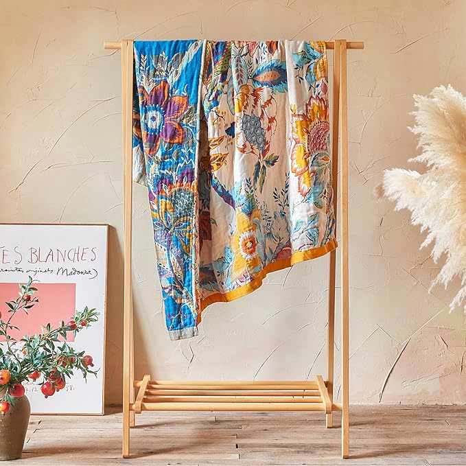 Boho Throw Blanket - 90"x108" 100% Cotton Ultra Soft Lightweight Spring Blanket, 4-Layer Breathable Muslin Blankets for Bed Couch, Reversible Green Floral Butterfly Printed Bohemian Quilt