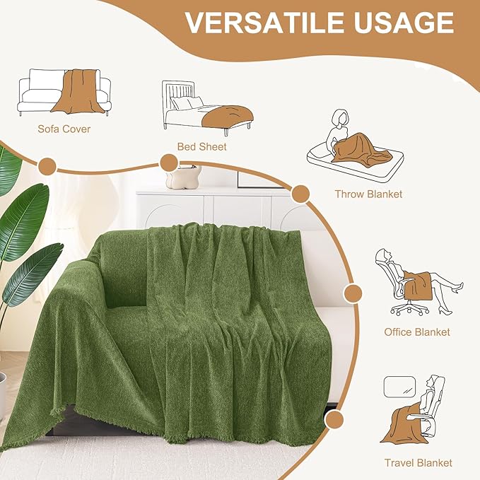 Smiry Couch Cover for Dogs, Washable Chenille Sofa Covers for 3 Cushion Couch, Soft Sofa Slipcover for Pets, Thick Sectional Furniture Protector with Tassels (Green, 71x150 Inch)