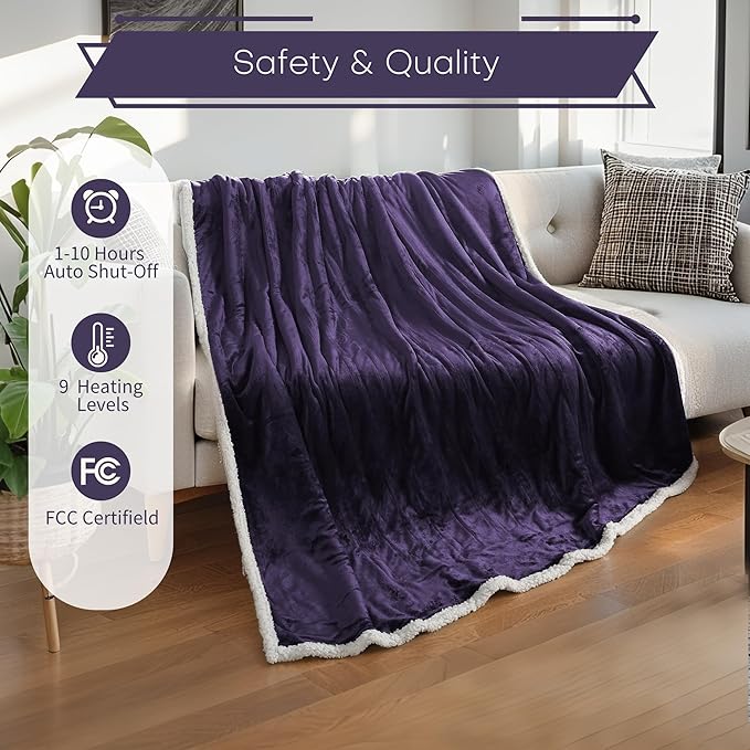 Electric Heated Blanket Full Size 72"x84" - Flannel & Sherpa Fabric Dual-Sided, 6 Heat Settings & 1-10 Hours Auto Off, Soft & Cozy Warming Throw for Home, Office, or Bed, Machine Washable, Purple