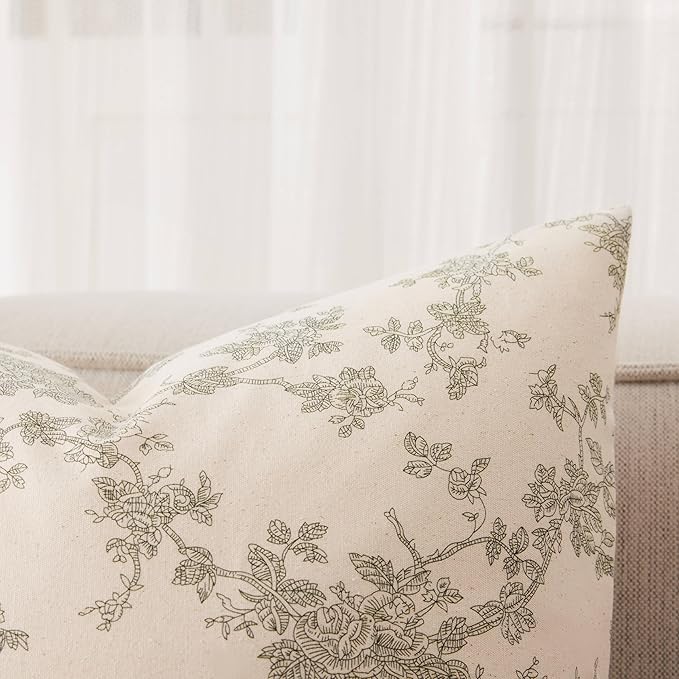 100% Cotton French Pastoral Throw Pillow Covers Set of 2, 18x18 Inch Green Farmhouse Decorative Cushion Covers for Sofa Bed Living Room Home Decor