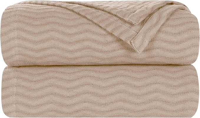 Superior JENA Cotton Blanket, for Picnic, Beach, Traveling or Camping, Bedroom Decor, Essentials, Cover for Bed, Couch, Lounging, Textured Jacquard, Modern Chevron Woven Blanket, Throw, Khaki
