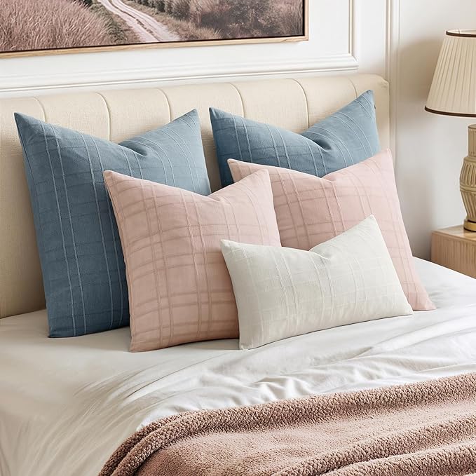 MIULEE Decorative Linen Check Euro Shams Throw Pillow Covers Neutral Farmhouse Vintage Spring Valentine Pillow Covers 24x24 Set of 2 Boho Modern Home Decor for Sofa Couch Bedroom Cushion Light Pink