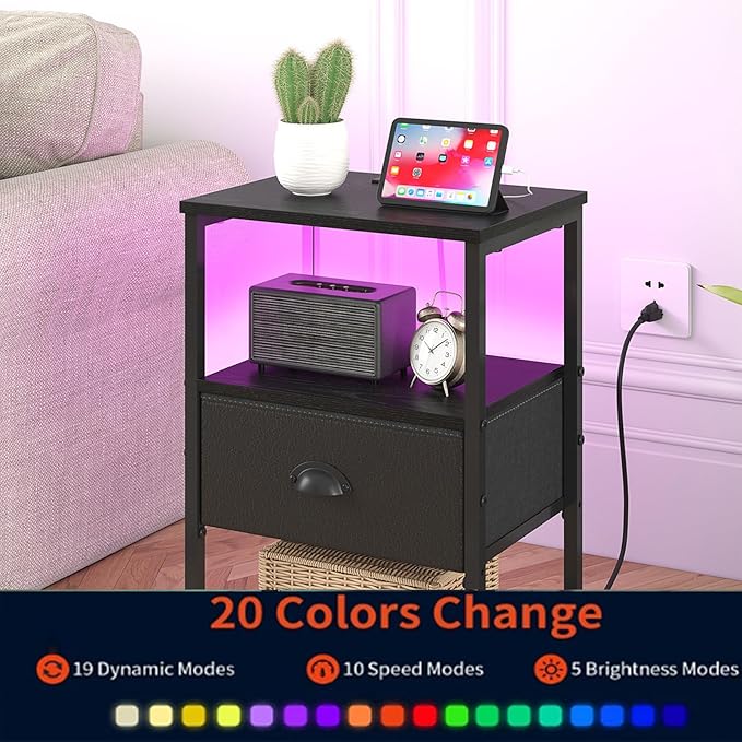 Nightstands Set of 2, LED Night Stands with Charging Station and Fabric Drawer, Bedside Tables with Drawers, 2- Tier LED Side Tables End Table Charging Station Livingroom Bedroom, Black