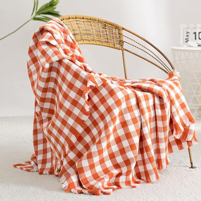 100% Cotton Throw Blanket Plaid Soft Lightweight Cozy Farmhouse Tassels Summer Thin Breathable Throws for Couch Sofa Bed (50" × 60" Orange)