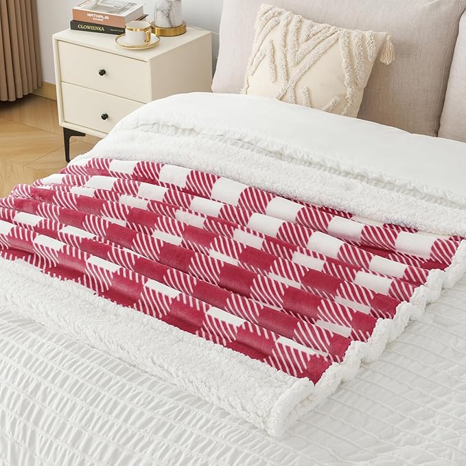 Touchat Sherpa Plaid Twin Blanket 60" X 70", Fuzzy Fluffy Soft Cozy Throw Blanket, Twin Size Plush Fleece Flannel Plush Microfiber Blanket for Couch Bed Sofa (RustRed)
