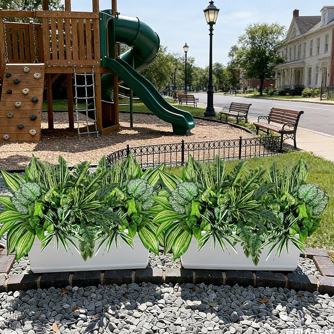 12 Bundles Large Outdoor Artificial Plants UV Resistant Fake Greenery Stems Faux Plastic Leaves Bushes for Front Porch Outside Patio Garden Yard Home Decor