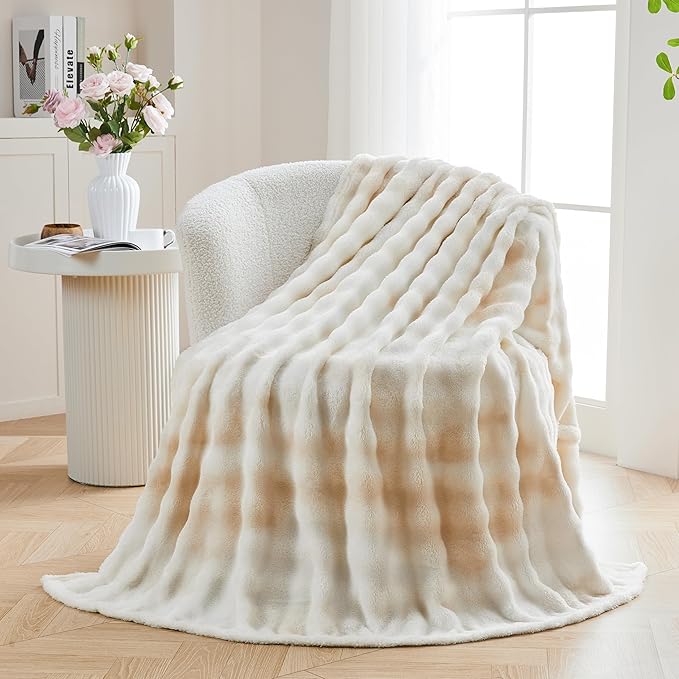 3D Bubble Plush Blanket Textured Fleece Throw Soft Warm Cozy Blanket Couch Bed Tie Dye Beige 50x60 Inches