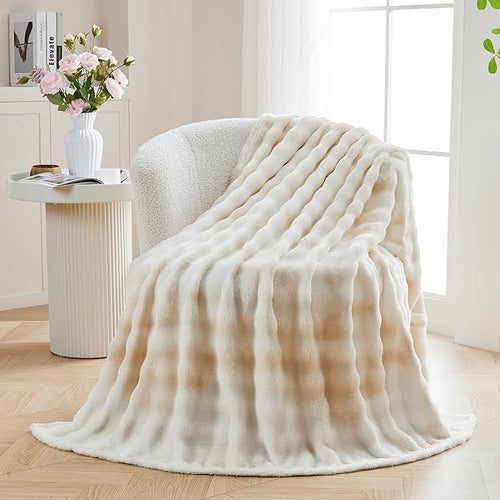 3D Bubble Plush Blanket Textured Fleece Throw Soft Warm Cozy Blanket Couch Bed Tie Dye Beige 60x80 Inches
