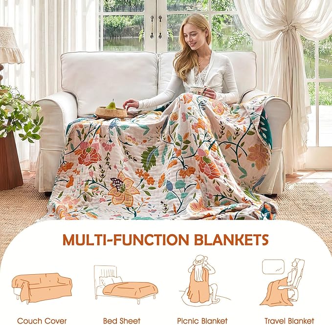 Boho Throw Blanket - 50"x60" 100% Cotton Ultra Soft Lightweight Blanket, 4-Layer Breathable Muslin Spring Blankets for Bed Couch, Reversible Green Floral Printed Bohemian Cotton Quilt