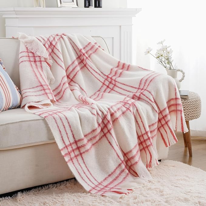 BATTILO Cream Plaid Throw Blanket for Couch Bed, Farmhouse Mohair Blankets Throws, Soft Cashmere Tartan Plaid Throws, Red Christmas Stripe Throw Blankets for Home Decor(50"x60")