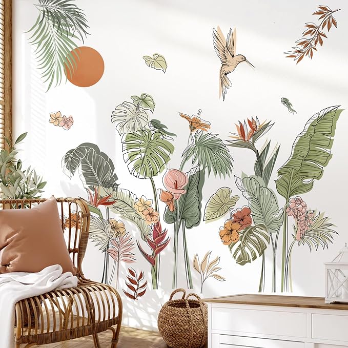 decalmile Boho Tropical Leaves Flower Wall Decals Bohemian Floral Plants Sun Wall Stickers Bedroom Living Room Office Wall Decor