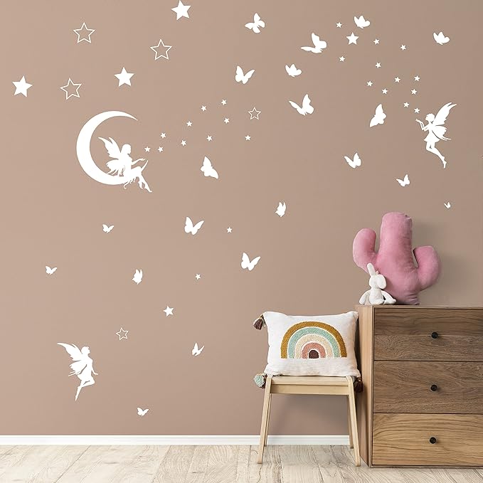 Fantasy Fairy Wall Decal Sticker Glow in The Dark, Girl Bedroom Moon Butterfly Luminous Decoration, Peel and Stick Star Decor for Ceiling