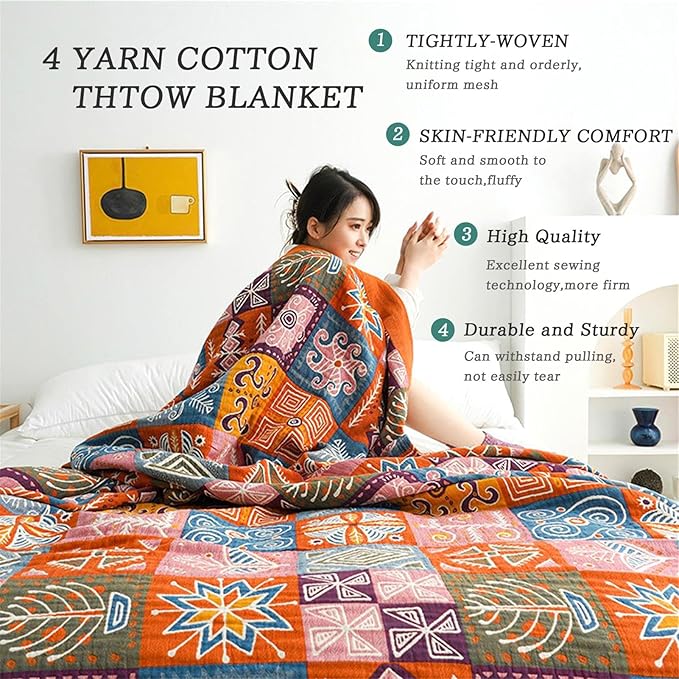 MSGKV Spring Cotton Throw Boho Blanket for Couch Bed, 80''x90'' Muslin Brathable Lightweight Travel Decor Blanket for Bedroom