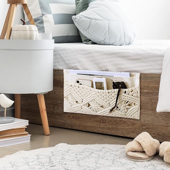 JaGely 2 Pcs 17.3 x 13 Inch Macrame Bedside Caddy Storage Organizer Hanging Boho Remote Control Holder Bedside Storage Basket for Home Couch Tablet Magazine Holder for TV Remote Control Living Room