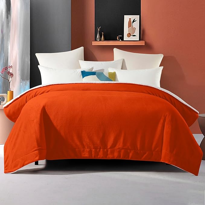 Elegant Comfort Ultra Soft Reversible Flannel Sherpa Blanket - Cozy Silky Fleece Throw for Couch, Bed - Plush Fuzzy Warm Winter Blanket for Gift, King, Orange