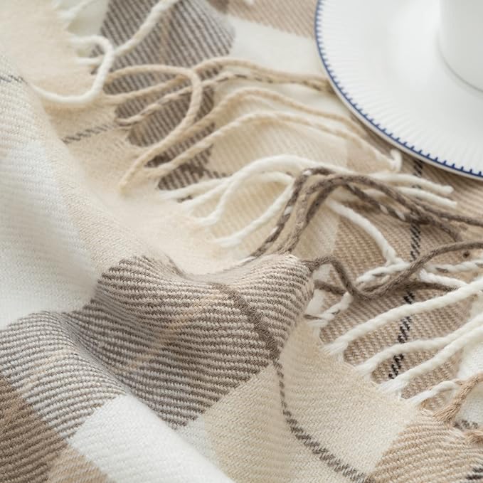 BATTILO HOME Fall Plaid Throw Blanket for Couch, Farmhouse Checkered Decor Throw, Lightweight Beige Throw Blankets for Bed Sofa Neutral Fall Decor, 49"x63"