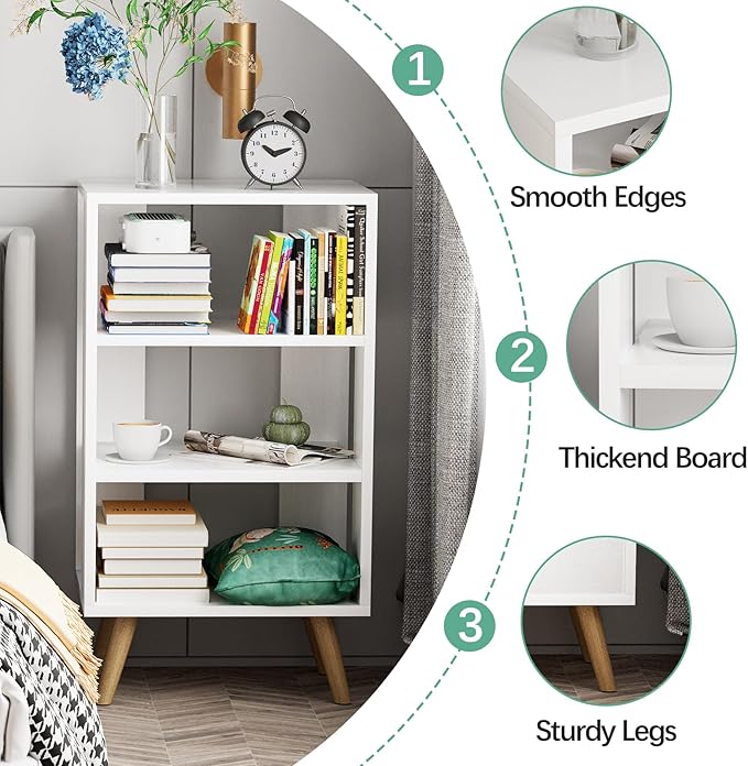 Night Stand, White Nightstand, Modern End Table with Open Storage, 3-Tier Wooden Bedside Table for Small Space, Living Room, Bedroom