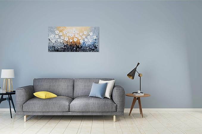 SYGALLERIER White Flower Canvas Wall Art - Hand Painted 3D Oil Paintings - Black Blue Pictures for Living Room Farmhouse Dinning Room Decor