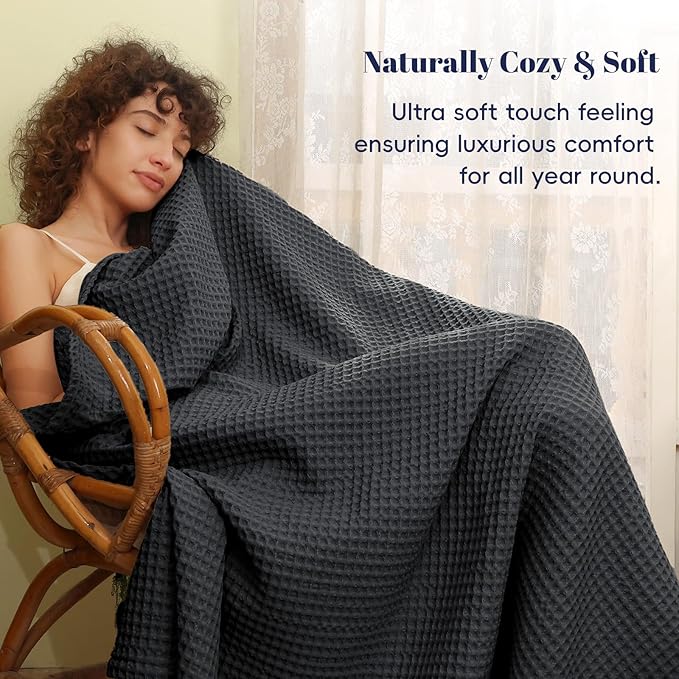 PHF Ultra Soft Waffle Weave Blanket Twin Size 66"x 90"- Washed Lightweight Breathablee Cozy Woven Blanket - Great for Couch Bed Sofa Home Car - Black