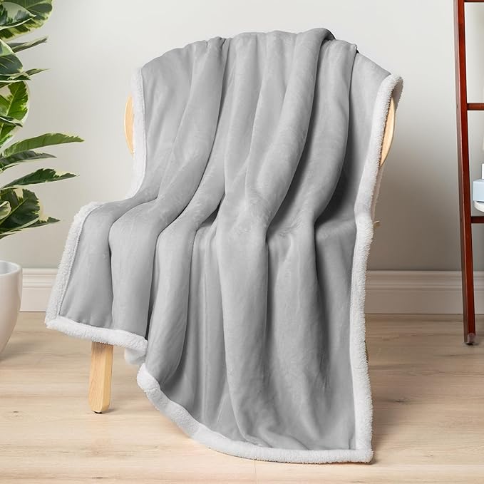 Pavilia Sherpa Fleece Blanket for Bed, Queen Size, Light Grey, Plush Soft Fuzzy, Cozy Reversible Winter Blanket for Women & Men, 90x90 Inches