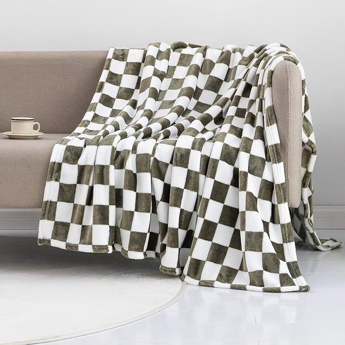 LOMAO Throw Blankets Flannel Blanket with Checkerboard Grid Pattern Soft Throw Blanket for Couch, Bed, Sofa Luxurious Warm and Cozy for All Seasons (Dark Olive, 40"x60")