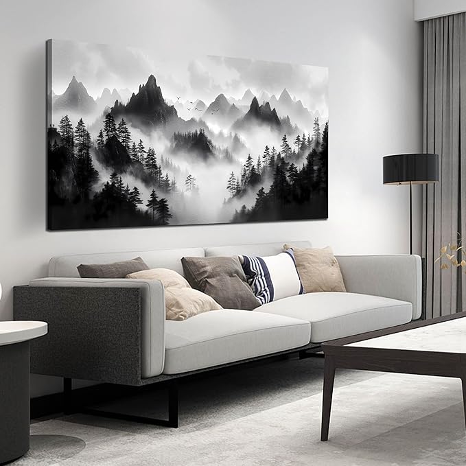 Forest Pictures Wall Art for Living Room Large Size - Mountain Landscape Art Wall Decor for Bedroom - Black and White Canvas Wall Art Size 29" x 59"