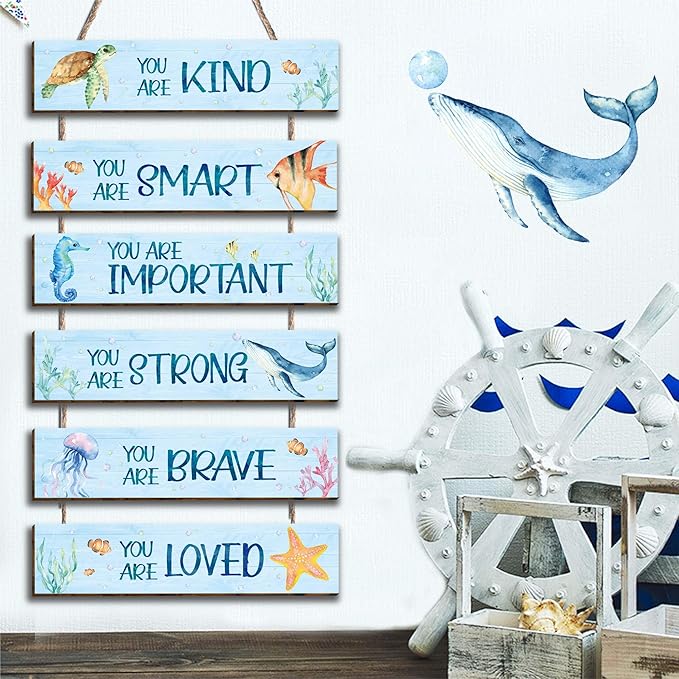 6 Pieces Ocean Decor Kids Room Decor, Inspirational Watercolor Ocean Positive Quotes Wall Art Decor for Teens Children Bedroom, Works of Art Made of Wood, Works of Art of Wood, Placards of Woods