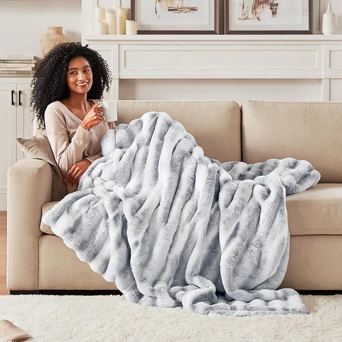 Hyde Lane Luxury Fluffy Faux Rabbit Fur Throw Blanket - Ultra Soft Cozy Blankets for Sofa, Couch, Bedroom | Warm Thick Fuzzy Throws As a Gift, Snow Lynx, 50"x60"