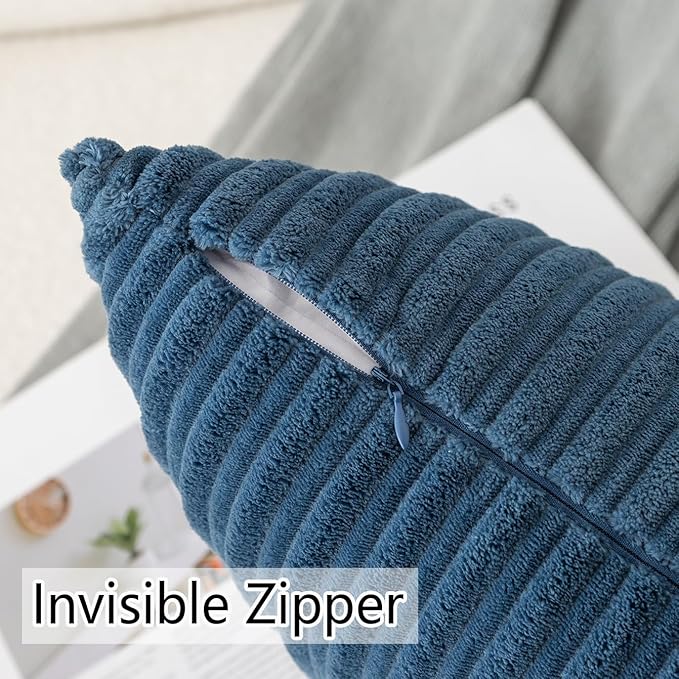 UGASA Velvet 26x26 Inch Soft Throw Pillow Covers Decorative Corduroy Striped Both Sides Solid Square Cushion Cases Boho Farmhouse for Couch Bedroom Sofa Home, Pack of 2, Dusty Blue