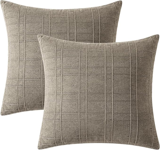MIULEE Decorative Linen Check Euro Shams Throw Pillow Covers Neutral Farmhouse Vintage Pillow Covers 28x28 Set of 2 Boho Modern Winter Home Decor for Sofa Couch Bedroom Cushion Tan Taupe
