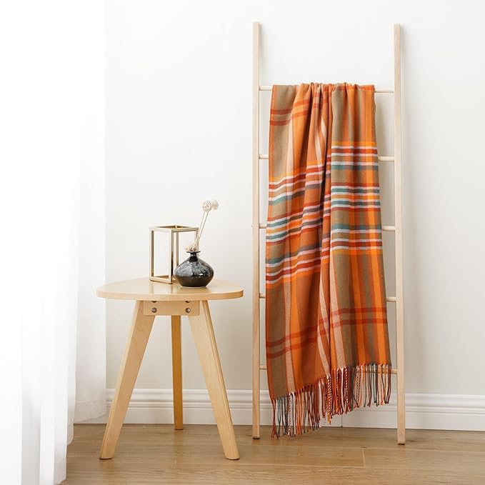 BATTILO HOME Orange Plaid Throw Blanket for Couch - Fall Throw Blanket - Lightweight Buffalo Plaid Blanket Throw Checkered Blanket for Bed, Sofa, Chair,Home Decor, Fall Decor