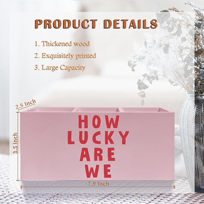 Pink Positive Quotes Makeup Brush Holder, Pink Preppy Toothbrush Holders for Girls Bathroom, How Lucky Are We Pen Holder Organizer for Dorm Bedroom Desk Accessories